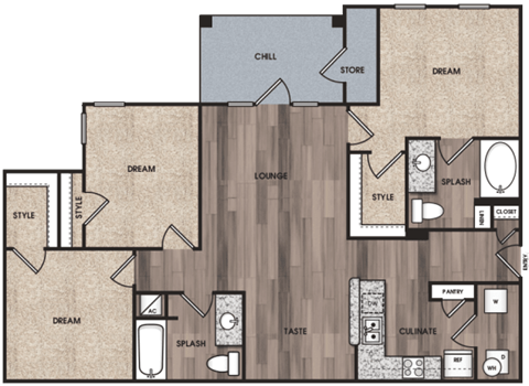 Floor plan for 3 beds, 2 baths, 1227 sqft